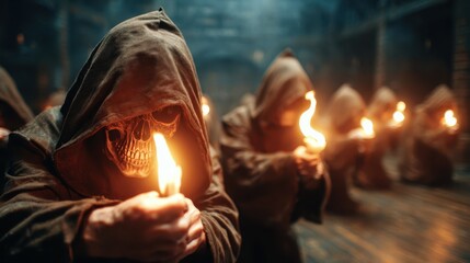 Mysterious cloaked figures with skeletal faces gather in dim light, illuminated by flickering flames, evoking a sense of intrigue and suspense in a dark and haunting atmosphere.