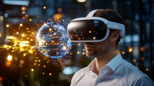 Man Experiencing Immersive Virtual Reality Digital World Glowing Orb and Interconnected Nodes