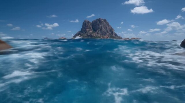 Turquoise waves crash against rocky shore with majestic Es Vedra island under a blue sky.
