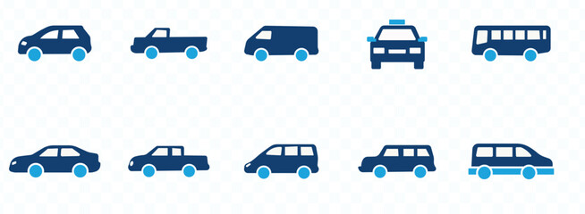 Car icon set. Front view and side view vehicle vector symbol isolated on white background