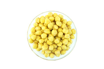 bowl of peas, Cooked chickpeas in glass cup isolated on white background top view flat lay stack