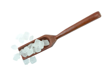 wooden spoon isolated on white background, Rock sugar in wooden spoon isolated on white background with clipping path top view flat lay stack