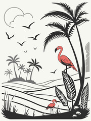 Naklejka premium Minimilist illustration of flamingos palm trees birds and foliage in a tropical landscape scene in black and white vector