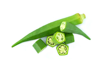 Okara isolated on white background, Group of fresh fruits of okra or Abelmoschus esculentus whole and cross section isolated on  white background stack closed up. Raw okra is rich source of diet