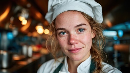 A talented young chef showcases her passion in a modern kitchen, radiating confidence and creativity while emphasizing the art of culinary excellence and professional cooking.