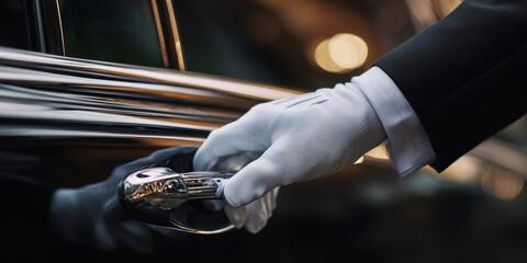 Extreme close-up of a hand with an elegant white glove of a professional chauffeur while opening or closing the door of a beautiful black luxury car. Generative Ai.