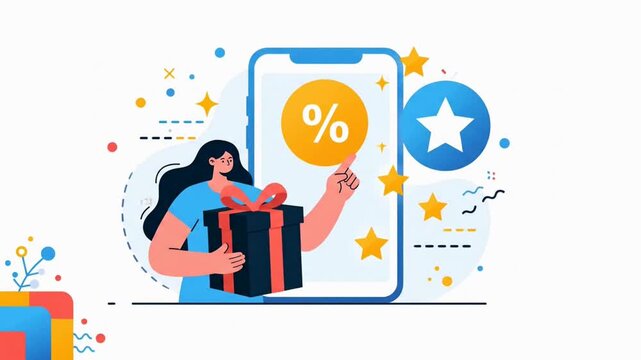 Woman receiving a gift from an online store loyalty program app.
