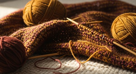 Fototapeta premium Cozy knitting project in progress with earthy-toned wool yarn, wooden needles, and handmade fabric on a textured background