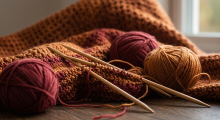 Cozy Knitting Craft with Warm Yarn and Wooden Needles on Textured Blanket
