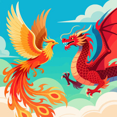 Mythical Showdown: Phoenix and Dragon in Sky Battle