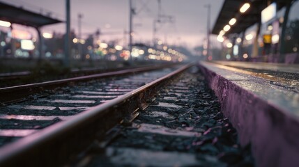 Train tracks at a station at twilight, wet and urban