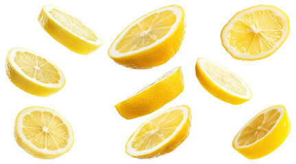 Fototapeta premium PNG Fresh vibrant lemon slices floating, element set on transparent background