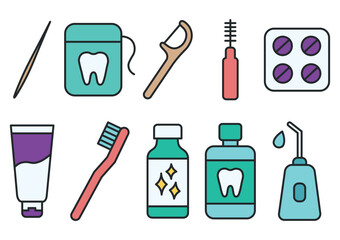 Set of dental hygiene icons in linear style. Toothbrush, toothpaste, floss, mouthwash, interdental brush, irrigator, dental tablets and tools for braces care.