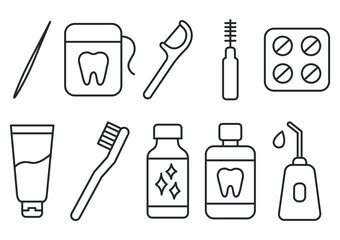 Linear dental hygiene icons set. Toothbrush, toothpaste, floss, mouthwash, water flosser, interdental brush, toothpick and plaque tablets. Minimal line style vector
