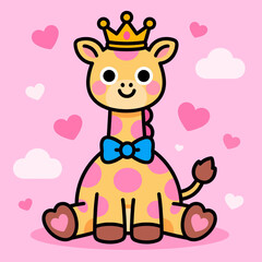 Naklejka premium Playful Giraffe with Crown and Bowtie in Heartful Pink Sky