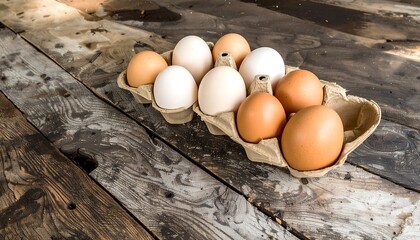 Eggs in a cardboard carton on a rustic wooden table
