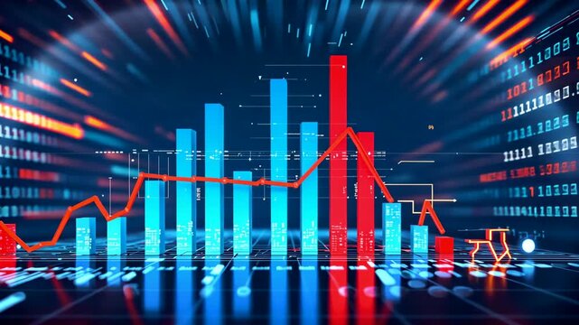 Dynamic financial stock market graph with glowing blue and red bars representing economic data visualization - Powered by Adobe