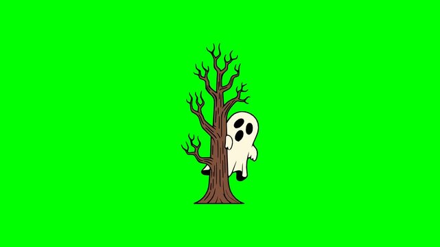 Eerie vector animation showing scary ghost peeking from haunted tree with bare branches in mysterious Halloween night atmosphere