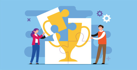 Teamwork Puzzle Building Success Trophy Vector Illustration