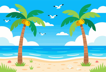 Fototapeta premium Tropical Beach Paradise with Palm Trees and Seagulls