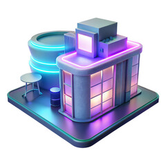 Isometric building with neon lights, a modern architectural design isolated on transparent background