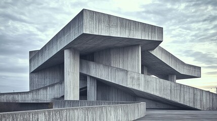 Fototapeta premium Stunning Abstract Elevated Modern Concrete Architecture Surrounded by Gloomy Landscape and Geometry