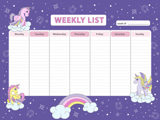 Brightly colored weekly planner featuring unicorns and rainbows with spaces for daily tasks. Ideal for organizing schedules. Vector illustration with a playful design.