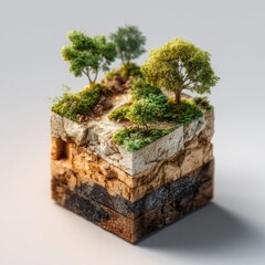 Miniature ecosystem cube.  Layered earth with small trees and vegetation