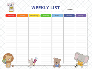 Cute weekly planner with adorable animal characters including a lion, mouse, rabbit, bear, and elephant. Bright and colorful days of the week and ample writing space. Vector illustration.
