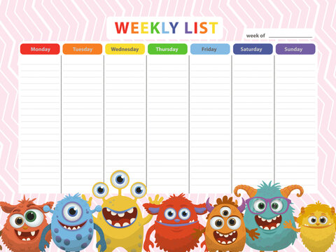Vector illustration of a colorful weekly planner featuring adorable cartoon monsters at the bottom. Each day has its own vibrant color, bordered by cheerful monster characters.