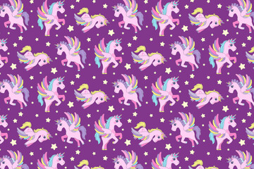 Charming seamless vector illustration of colorful unicorns with wings and stars on a purple background. Perfect for children s designs, fabric patterns, and playful decor
