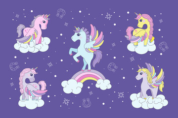 Whimsical vector illustration of vibrant unicorns with rainbow wings flying on fluffy clouds against a purple sky filled with stars and horseshoes. Perfect for fantasy and children s themes
