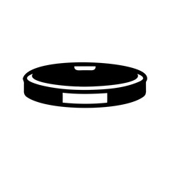 A simplistic black silhouette of a circular robotic vacuum cleaner design