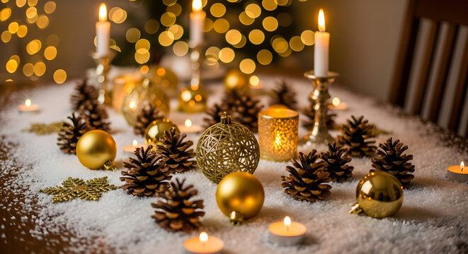 Artificial Snow with Christmas Ornaments and Candles
