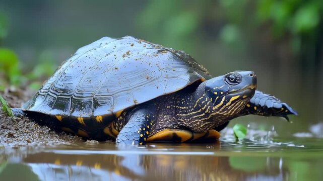 A beautiful turtle slowly makes its way along a tranquil riverbank, basking in the warm sun. Lush greenery surrounds the area, creating a peaceful atmosphere.