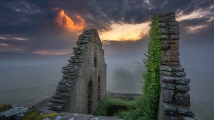 Ancient stone ruins of a castle tower overgrown with ivy under a dramatic sunset sky