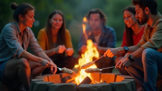 A group of people socializing and enjoying the warmth of a fire pit, perfect for camping trips, outdoor events, or family gatherings