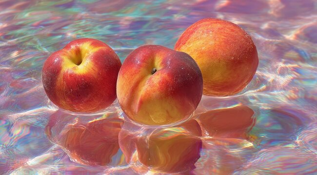 Vibrant photo of peach, pink water, close-up, still life photography, reflection in the surface of the water, 3 peaches floating on top of it, soft lighting, fresh and natural.
