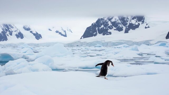 Gentoo penguin walking on iceberg in Antarctica against snow mountain landscape, cold environment, wildlife.