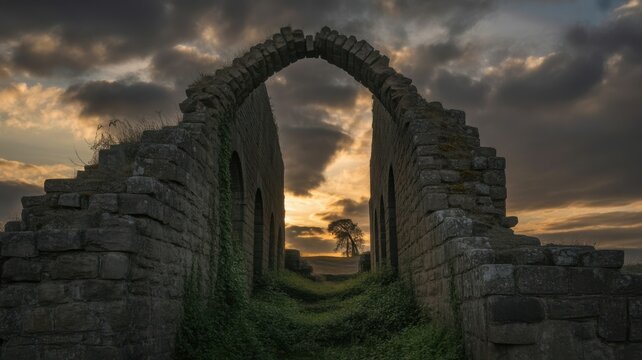 Ancient stone archway ruins silhouetted against a dramatic sunset sky