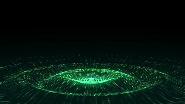 Futuristic circle wave. Dark cyberspace. Abstract music sound wave with dots. Green moving particles on a black background. 3d rendering.