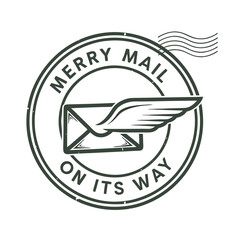 Obraz premium Vintage circular stamp with a winged envelope and the text merry mail on its way isolated on transparent background
