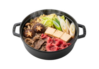 A hearty, colorful sizzler of beef, mushrooms, tofu, and vegetables, simmered in a sleek, black cast iron pot.