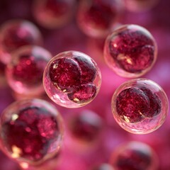 Macro view of red spheres with bubbles and pink background