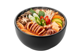 A hearty bowl of steaming, colorful soup, featuring squid, mushrooms, and vegetables, is presented against a dark backdrop.