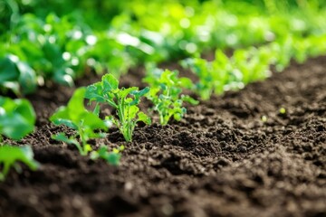 Obraz premium Young green plants growing in freshly turned soil in garden bed, showing healthy growth and vibrant leaves under natural sunlight