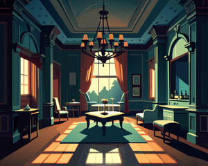 colorful illustration of an abandoned victorian parlor, flickering chandelier, haunted parlor