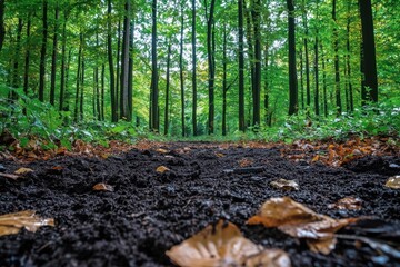 Fototapeta premium Healthy soil with fallen leaves on forest floor under tall green tree canopy in natural woodland environment