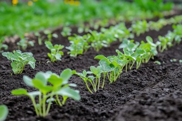 Young green seedlings growing in rich dark soil in newly planted garden bed with fresh healthy leaves and natural outdoor light creating vibrant and lively atmosphere