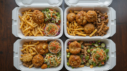 Overhead shot of four takeout containers, each with fried food and sides like french fries and vibrant salads.  A fifth salad is visible outside a container